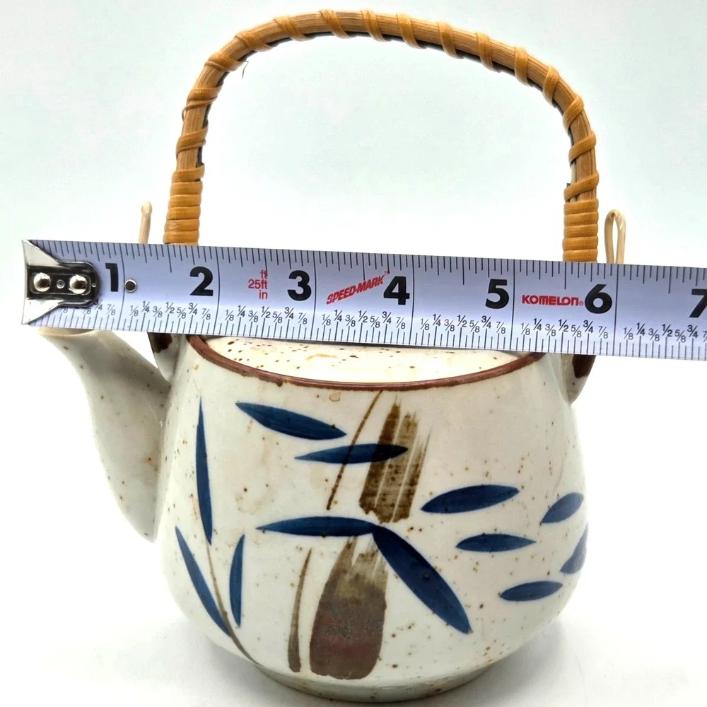 Enesco Japan Ceramic Teapot with 4 Cups Bamboo Design and Bamboo Handle  Vintage